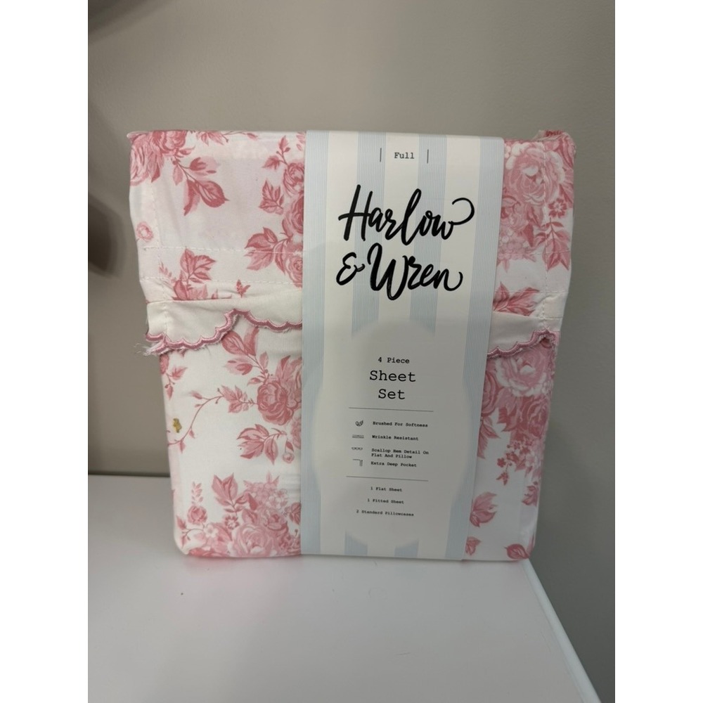 Harlow & Wren Sheet Set Full Pink Floral Scallop Rose 4pc NWT